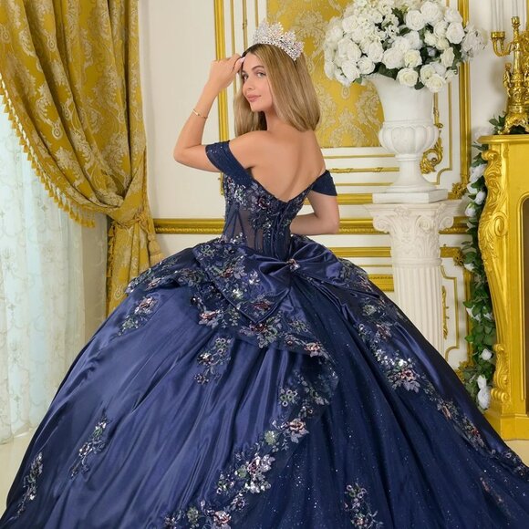 New Navy Satin Ball Gown w/ Floral Lace Embroidery & Oversized Back Bow GL3793 - Picture 9 of 14